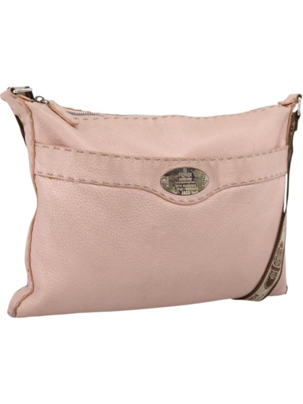 FENDI Celeria Shoulder Bag Leather Beige Silver 8BT093